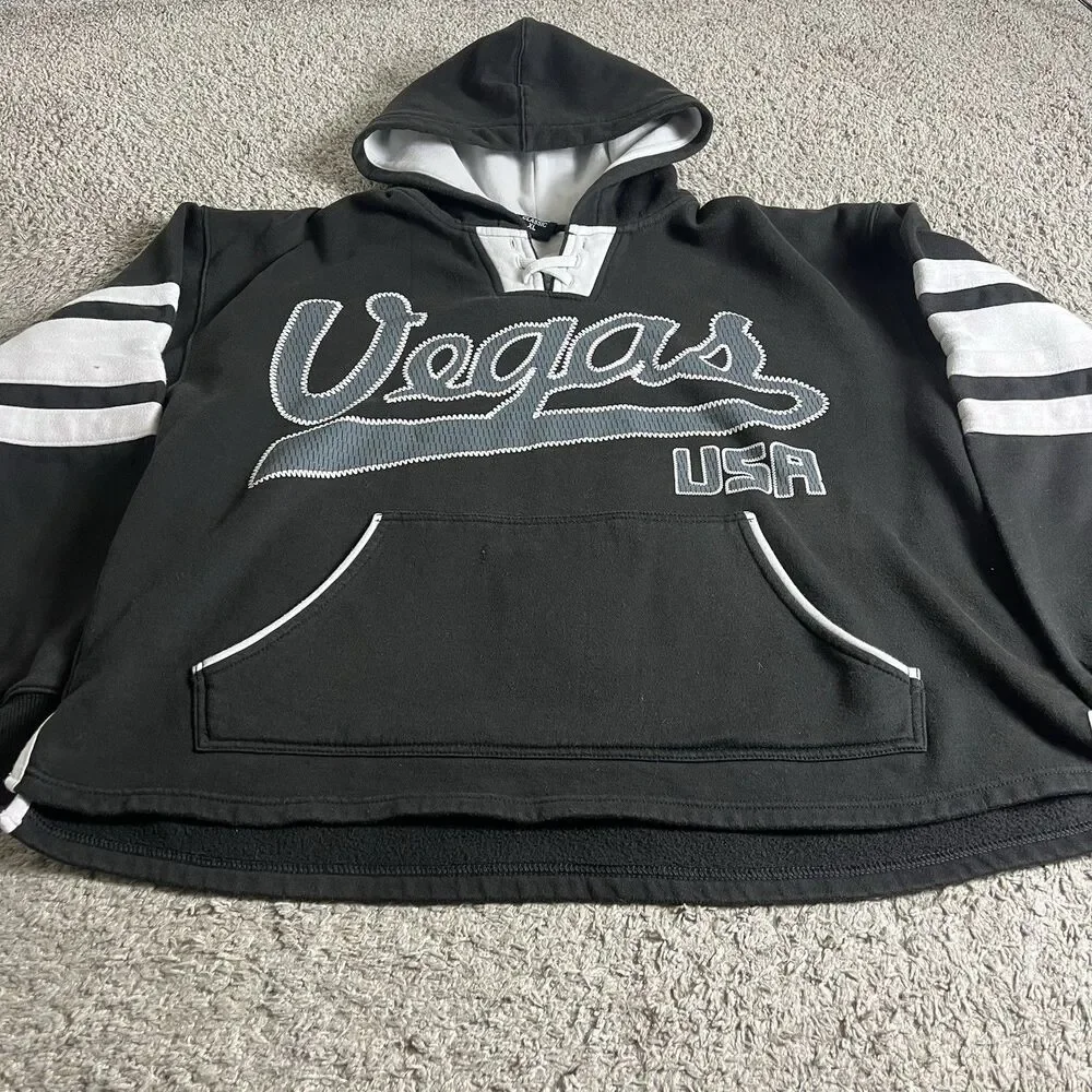 Black and White Vegas Hooded Sweatshirt Lace up DC Classic XL Pocket